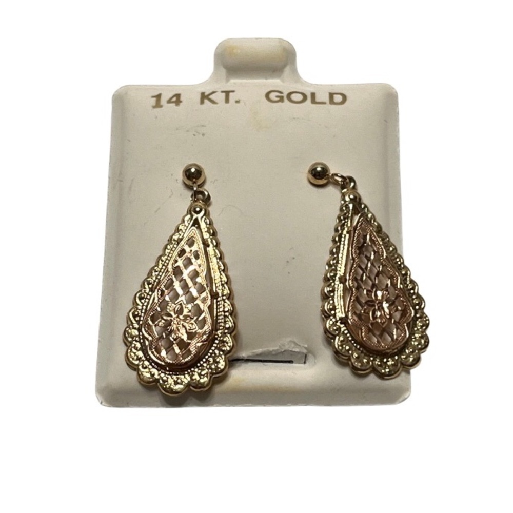14KT Rose and Yellow Gold Basket Weave Dangle Post Earrings.